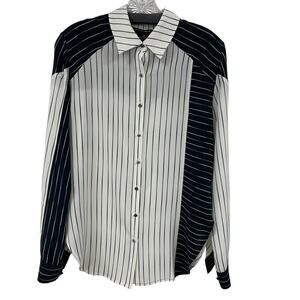Dolce Vita 100% Silk Navy Cream Striped Long Sleeve Button Down Womens XS